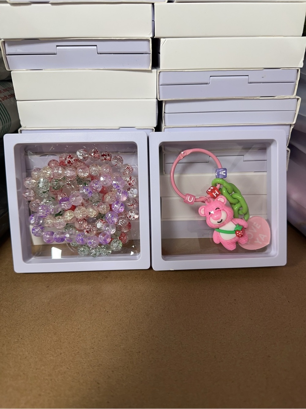 Pink Bear Keychain and Beaded Bracelet Set for Kids